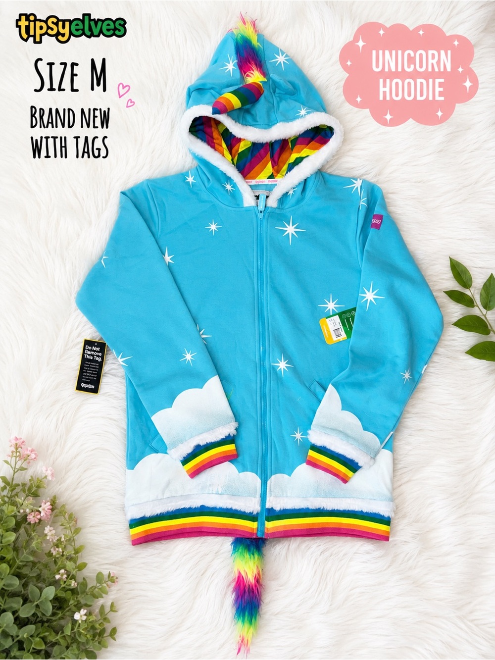 Tipsy Elves Bright Blue Unicorn Hoodie with Rainbow Trim